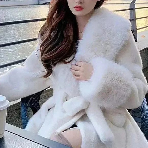 White Casual Women's Long Sleeve Faux Fur Collar Tie-Waist Faux Fur Jacket - Picture 4 of 6